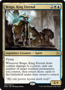 Brago, King Eternal
 Flying
Whenever Brago, King Eternal deals combat damage to a player, exile any number of target nonland permanents you control, then return those cards to the battlefield under their owner's control.